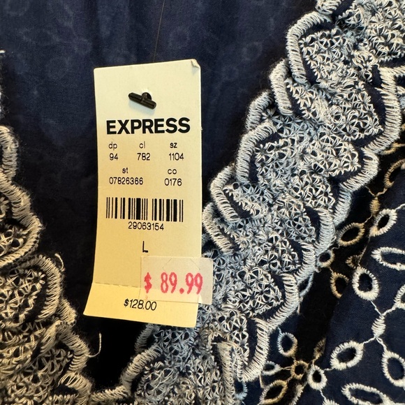 Navy blue knee length dress with white eyelet detailing. Size L - Picture 2 of 5